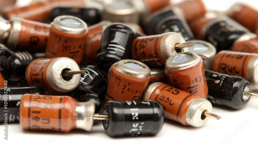 Poster close-up view of assorted electronic components including capacitors and resistors for technology an