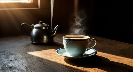 Morning coffee on a rustic wooden table with sunlight streaming through the window