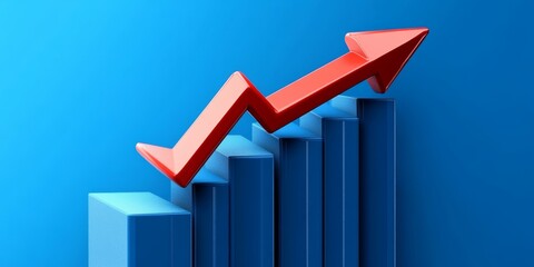 Red Arrow Growth Graphic on Blue Background for Business Finance Success Chart Investment Marketing Strategy