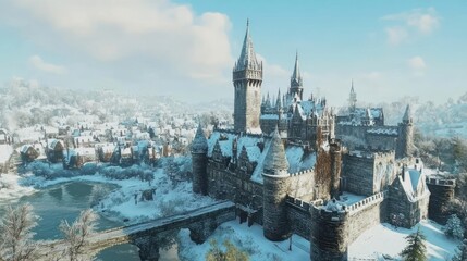 Obraz premium A snowy castle landscape with a bridge and surrounding village under a clear blue sky.