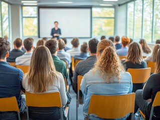 Obraz premium Business Symposium Speaker Presentation in Modern Conference Room with Diverse Audience