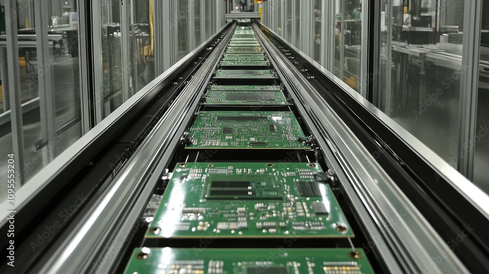 Poster high-tech manufacturing process with green circuit boards on conveyor belt in modern electronics fac