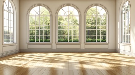 Fototapeta premium white empty room with shadow window and green plant on white wall luxury background and wooden floor 