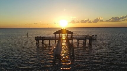 Obraz premium Serene Sunset over Peaceful Pier with Reflections on Water, Capturing the Essence of Nature's Beauty at Dusk, Ideal for Travel and Landscape Themes