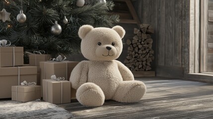 A cozy teddy bear sits beside a decorated Christmas tree, surrounded by wrapped gifts, evoking a warm holiday atmosphere.