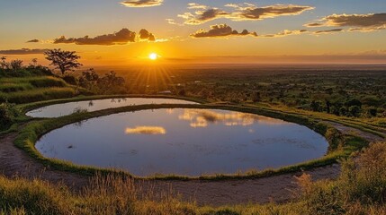 Obraz premium Breathtaking Sunrise Over Serene Landscape with Reflective Pools and Vibrant Sky in Rural Setting at Dawn