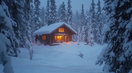 A cozy log cabin illuminated in a snowy forest during a winter evening.
