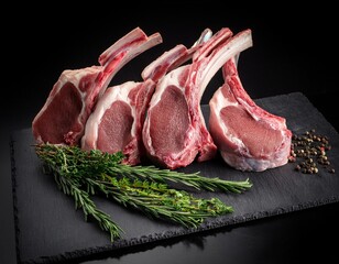 Raw meat, mutton, lamb rack with fresh herbs