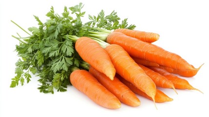 A fresh bunch of carrots with their vibrant orange color and green leafy tops, Each carrot’s bright orange color and subtle imperfections captured with precision