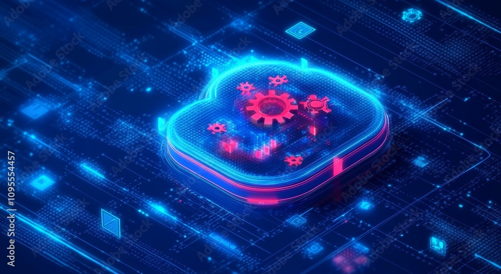 Poster futuristic cloud icon with red gears on blue grid background concept integration platform service
