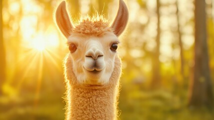 Obraz premium National Llama Day, a llama standing gracefully in a golden field at sunrise with mountains in the background.