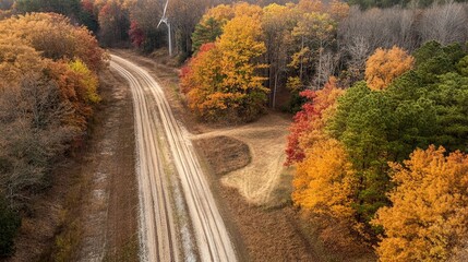 Obraz premium Scenic Aerial View of Dirt Road Surrounded by Vibrant Autumn Foliage and a Wind Turbine in a Peaceful Nature Landscape