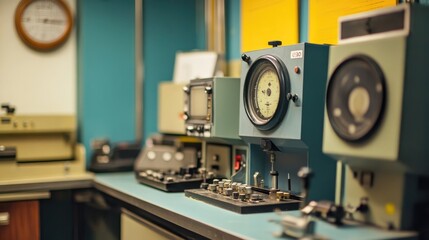 Vintage Laboratory Equipment Featuring Gauges, Dials, and Instruments in a Retro Setting Evoking Nostalgia for Scientific Discovery and Technological Advancement