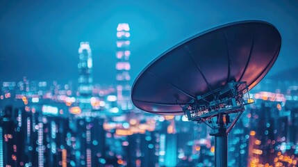 Futuristic Satellite Dish Against Neon Cityscape at Night, Capturing Technology and Urban Vibes with Blurred Skyscrapers in Background
