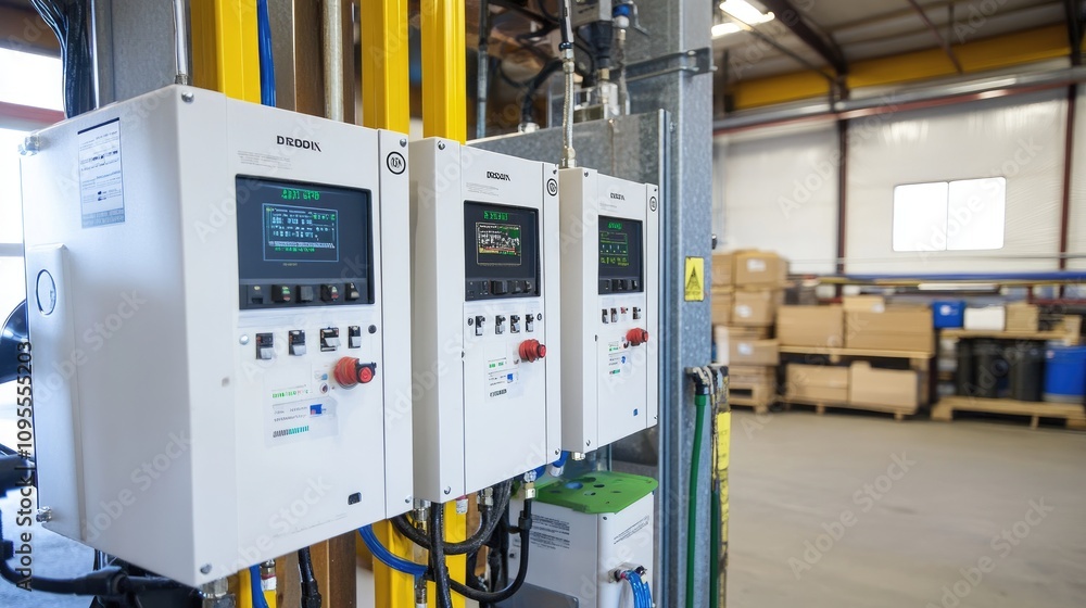 Poster control panels in modern industrial setting with digital displays and operational controls inside a 
