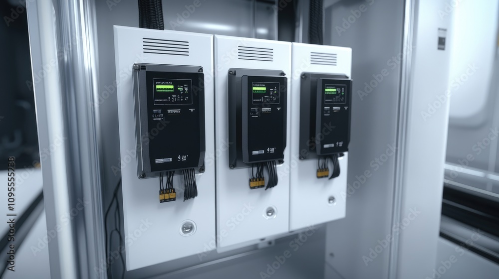 Poster industrial control devices in a modern automated system cabinet featuring digital displays and intri