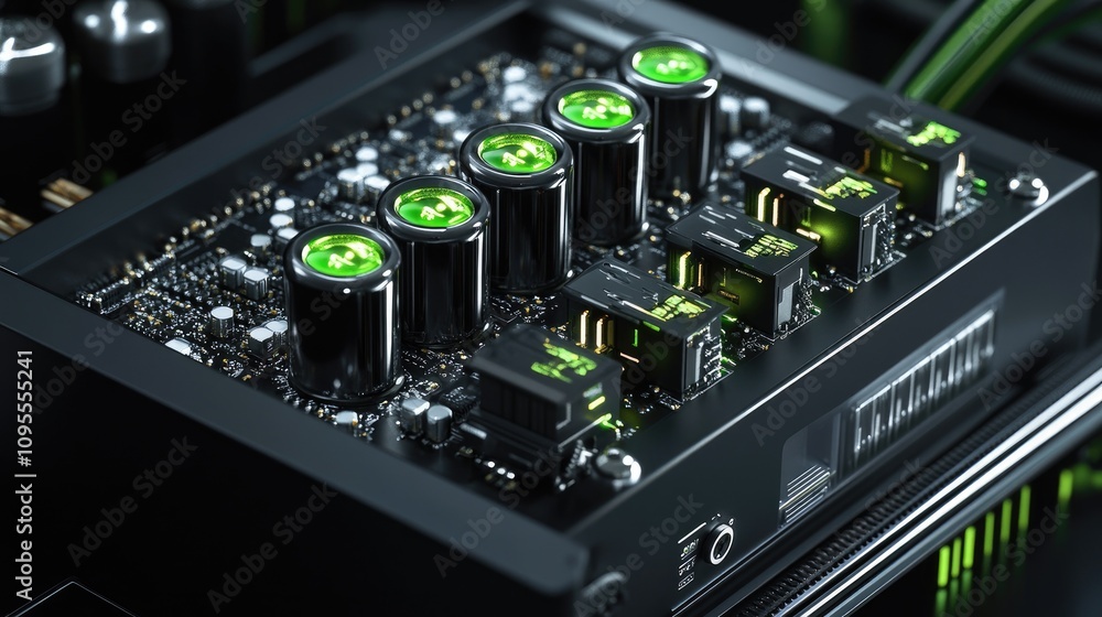 Poster close-up view of a modern circuit board featuring high-performance capacitors and electrical compone