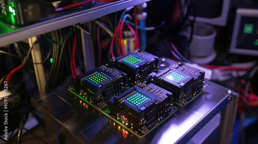 Poster advanced electronic circuitry with colorful led displays in a high-tech laboratory environment showc