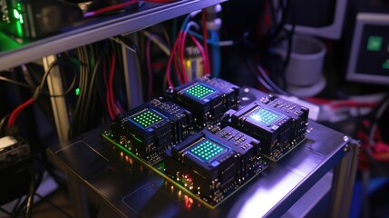 Advanced Electronic Circuitry with Colorful LED Displays in a High-Tech Laboratory Environment Showcasing Cutting-Edge Technology and Innovation