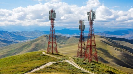 Majestic Mountain Landscape Featuring Communication Towers Against a Backdrop of Rolling Hills and Dramatic Sky