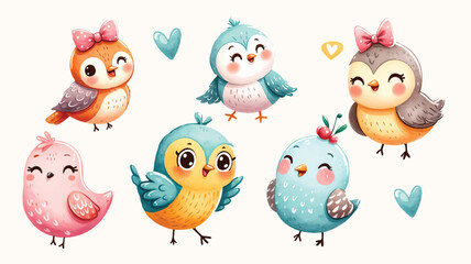 Naklejka premium Adorable watercolor bird illustrations with vibrant colors and cute expressions, perfect for children’s designs, invitations, and creative projects