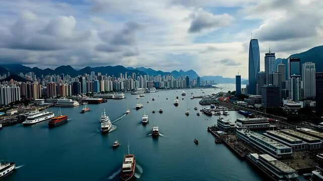 busy habor in moder Asian city