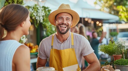 A candid scene of a cheerful salesperson engaging with customers at an outdoor market