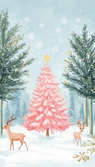 Deers walking near pink christmas tree in snowy woods