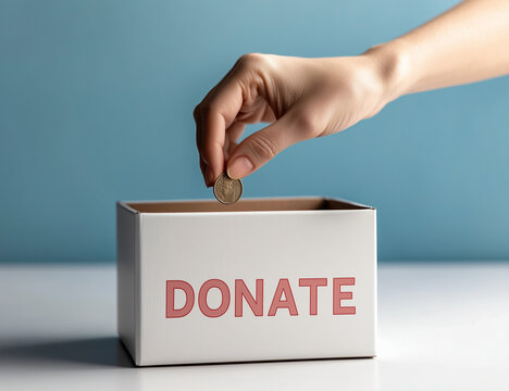 Fare beneficienza. Donare. Mano che mette una monetina dentro una scatola con la scritta "Donate".