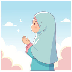 Adorable Muslim girl in hijab praying under a serene sky with crescent moon and stars. Perfect for Islamic themes, children’s books, and spiritual content.
