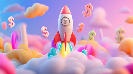 National Salesperson Day, a vibrant rocket with a dollar symbol launching through colorful clouds surrounded by floating dollar signs
