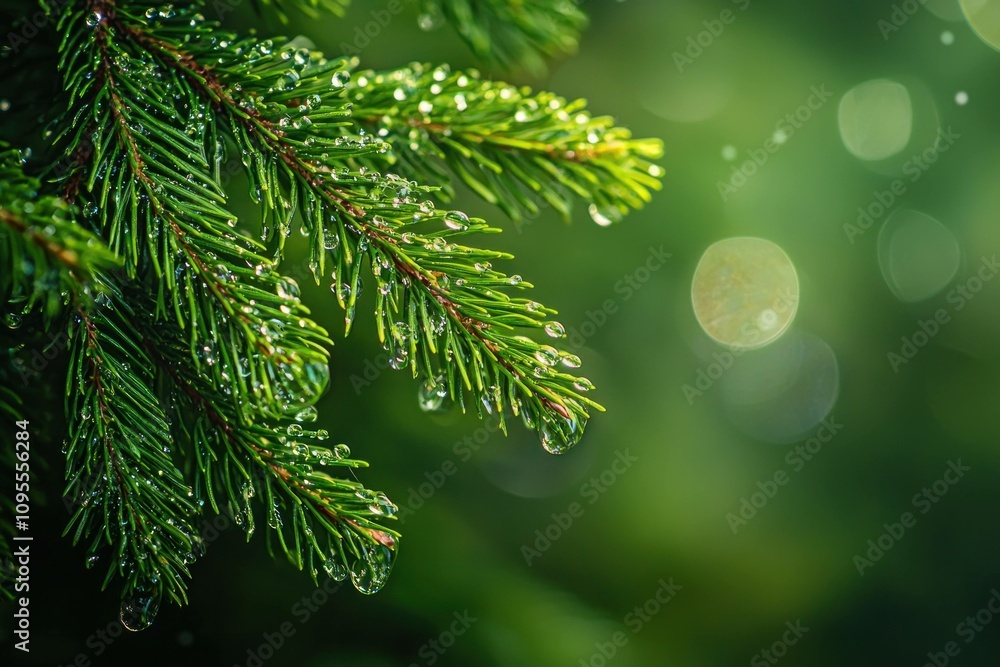 Poster fresh green pine tree branch with water droplets, vibrant bokeh background adding depth and tranquil