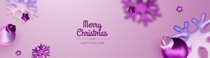 Christmas winter festive composition. Colorful Xmas background realistic 3d decorative design objects, christmas tree, gift boxes, xmas ball, gold confetti. Happy New Year. Vector illustration