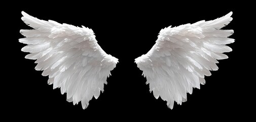 Isolated White Angel Wings Against Black Background with Glowing Feather Texture