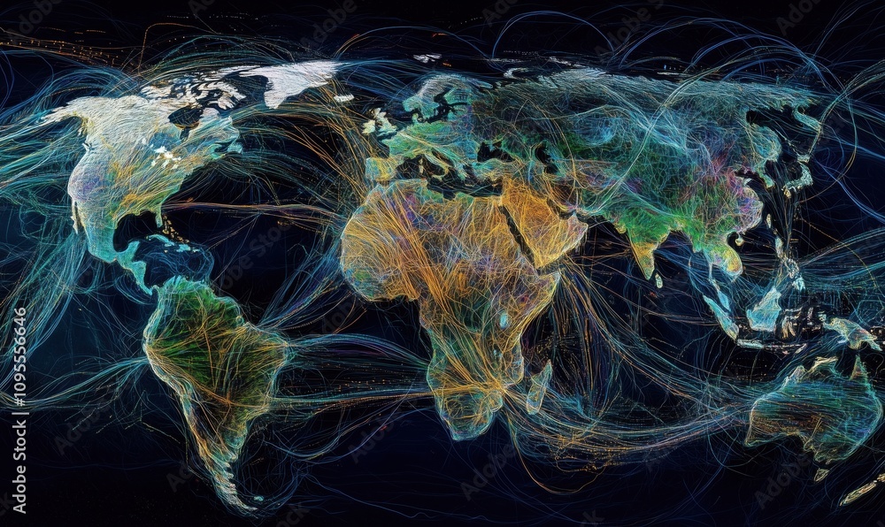Poster global flow visualization, intricate network of data streams, vibrant colors, representing global co
