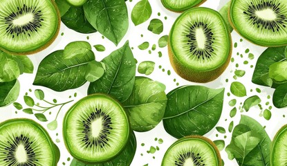 Fototapeta premium Flat vector pattern with vibrant kiwi fruit on a clean white backdrop