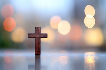 Wooden Cross with Bokeh Lights Background Faith and Serenity in Religion and Worship