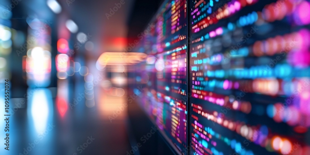 Poster abstract blurred city lights with colorful data streams on a large screen.