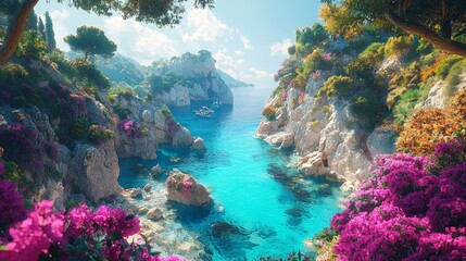 Naklejka premium Breathtaking tropical cove with colorful flowers coastal landscape nature photography serene environment vibrant viewpoint for relaxation