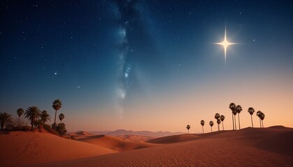 Peaceful eastern desert landscape with sand dunes, palm trees, and the Star of Bethlehem shining above