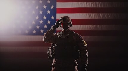American Soldier Saluting with American Flag