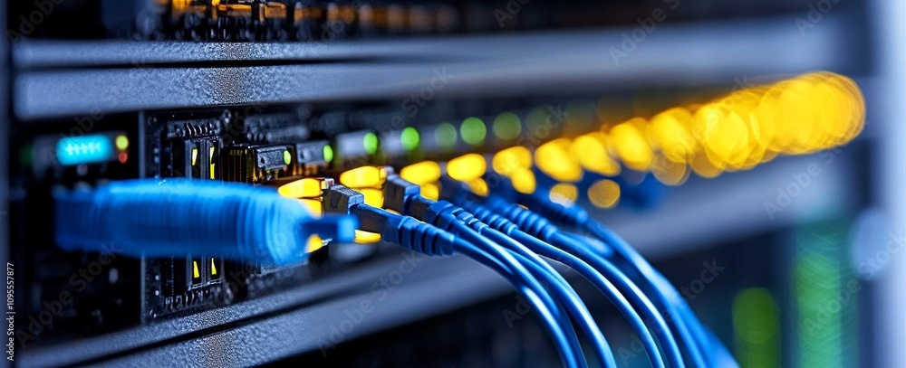 Poster network cables and server rack close-up in data center technology