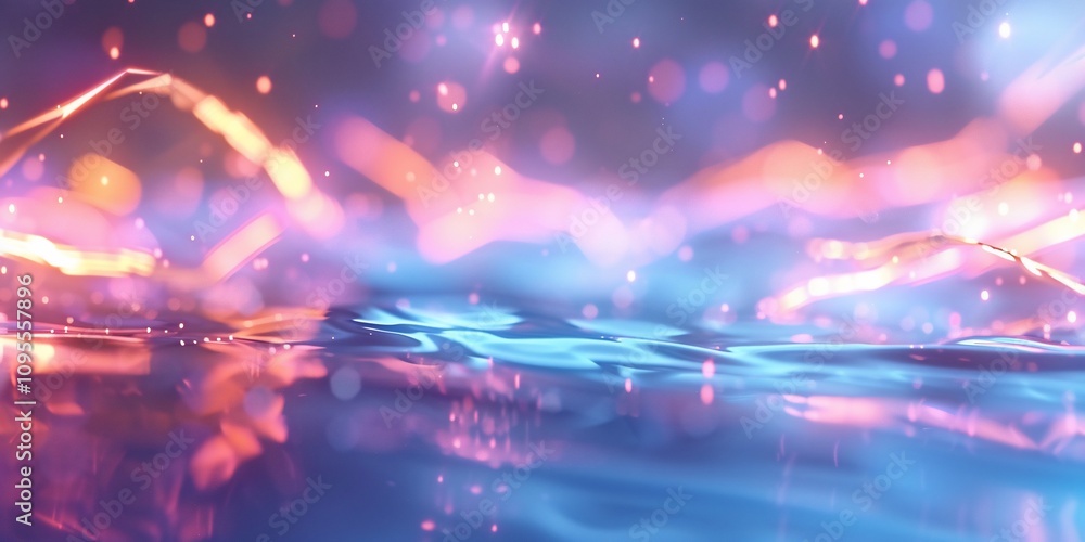 Poster abstract colorful liquid with bokeh lights and reflections.