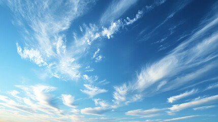 Bright Blue Sky with Whimsical Streaks of White Clouds Spread Across the Horizon on a Clear and Sunny Day