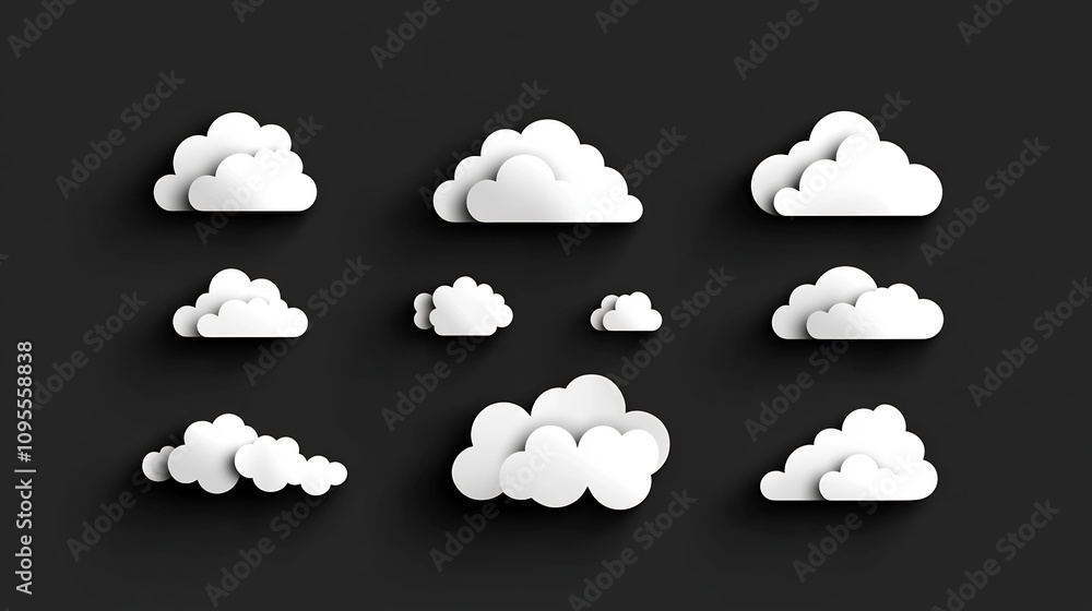 Poster a collection of paper cut style cloud icons showcasing a variety of shapes and sizes featuring soft 