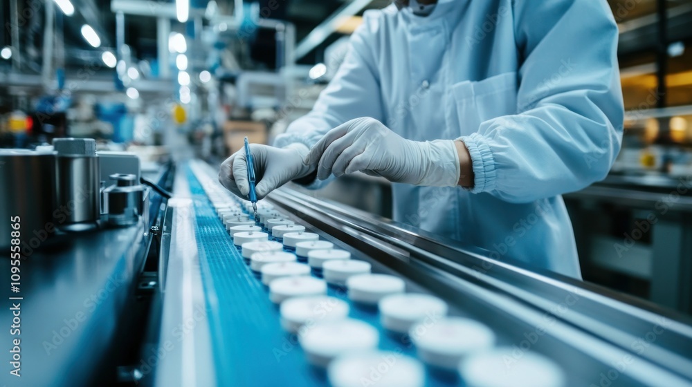 Poster worker in a lab coat inspecting products on a conveyor belt