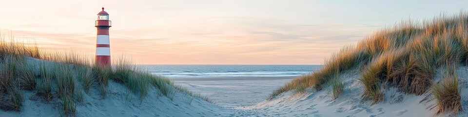 Fototapeta na wymiar Panoramic sunset at beach with red and white lighthouse on Sylt North Sea coast Germany featuring serene sand and grasses