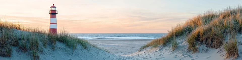 Selbstklebende Fototapeten Panoramic sunset at beach with red and white lighthouse on Sylt North Sea coast Germany featuring serene sand and grasses © video