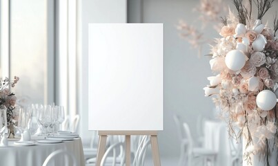 Elegant blank canvas display in sophisticated event space, surrounded by floral arrangements and dining setup