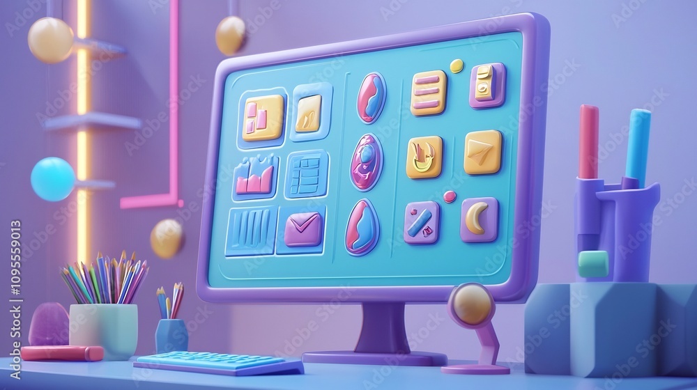 Poster a digital whiteboard filled with a variety of colorful icons and tools designed for interactive onli